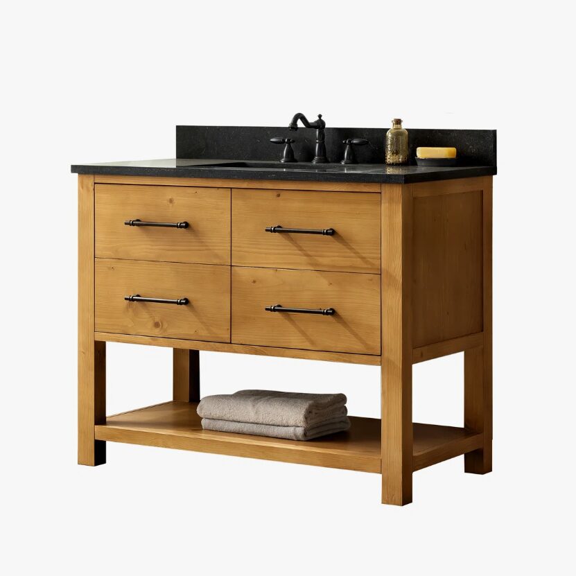 Rustic Pine Freestanding Single Sink Vanity with Open Storage Shelf