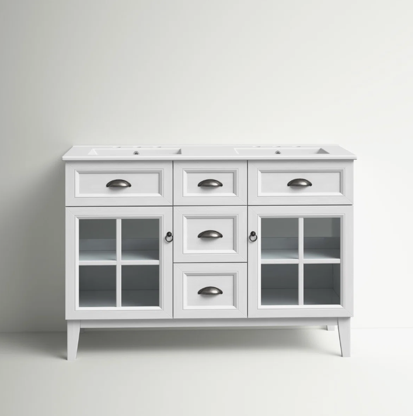 7 Traditional White Double Vanity with Integrated White Solid Surface Countertop