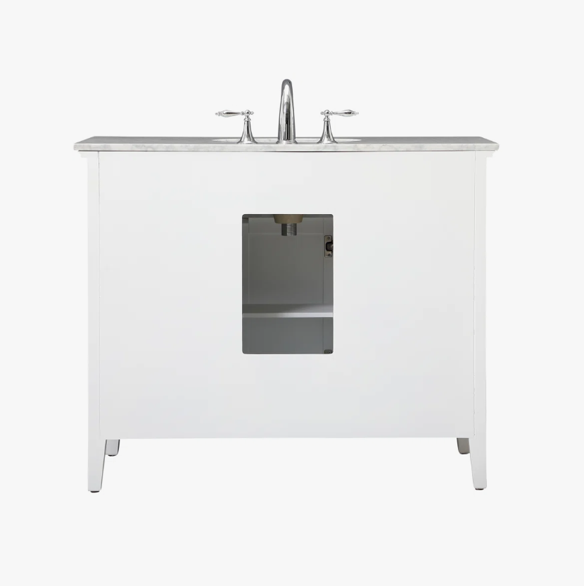 7 42 Inch White Shaker Single Sink Bathroom Vanity with Carrara Marble Top & 4 Drawers