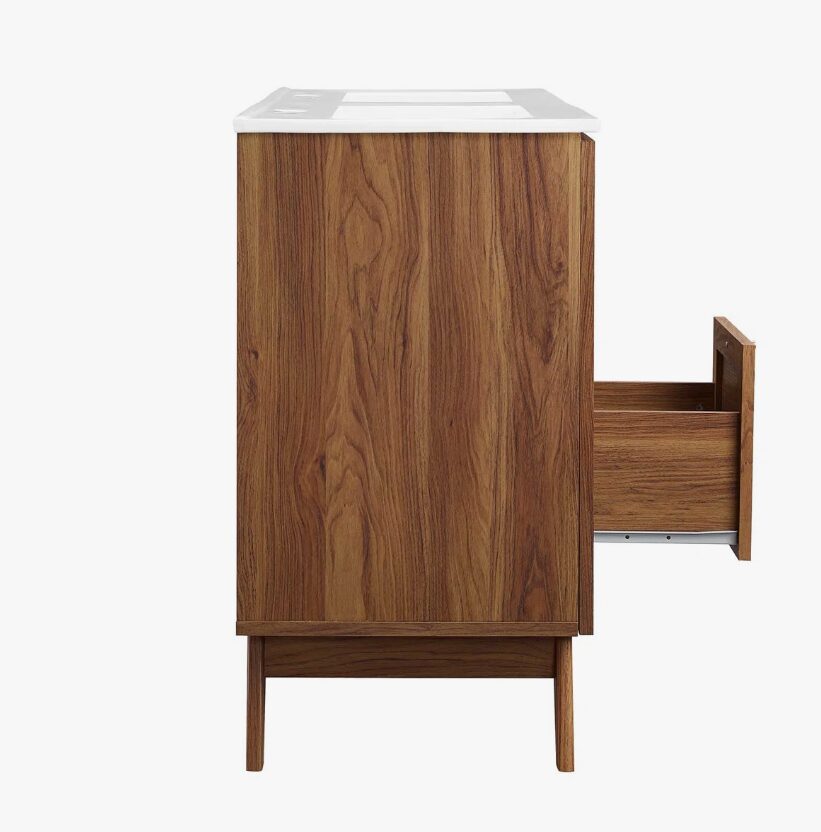 7 48 Inch Walnut Rattan Double Sink Mid-Century Bathroom Vanity with White Quartz Top