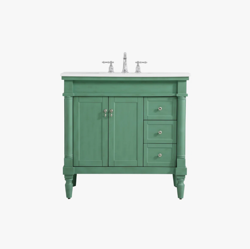 36 Inch Sage Green Traditional Single Sink Bathroom Vanity with White Quartz Top
