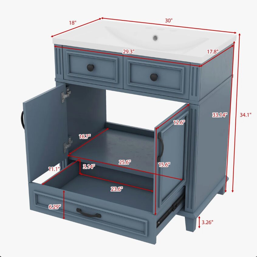 7 Modern Navy Blue Bathroom Vanity Cabinet with Soft Close Doors & Multi Drawer Storage