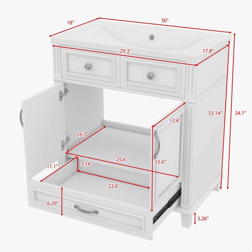 7 30 Inch White Shaker Freestanding Bathroom Vanity with Integrated Ceramic Sink & Large Storage Drawer