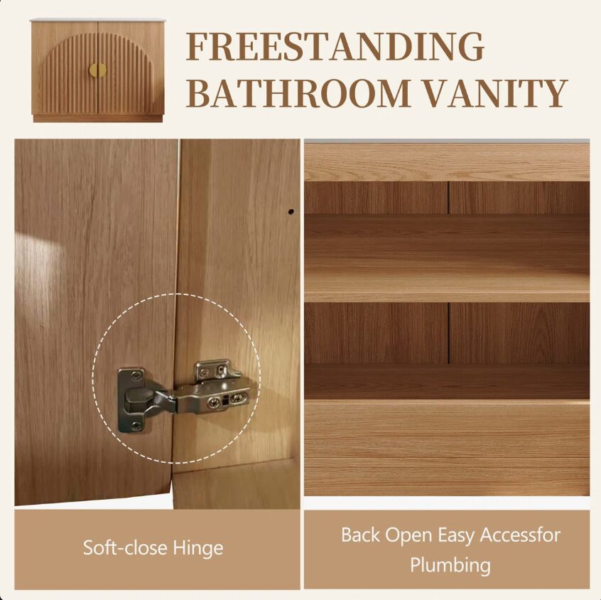 7 36" Oak Fluted Bathroom Vanity with Marble Countertop & Gold Handles