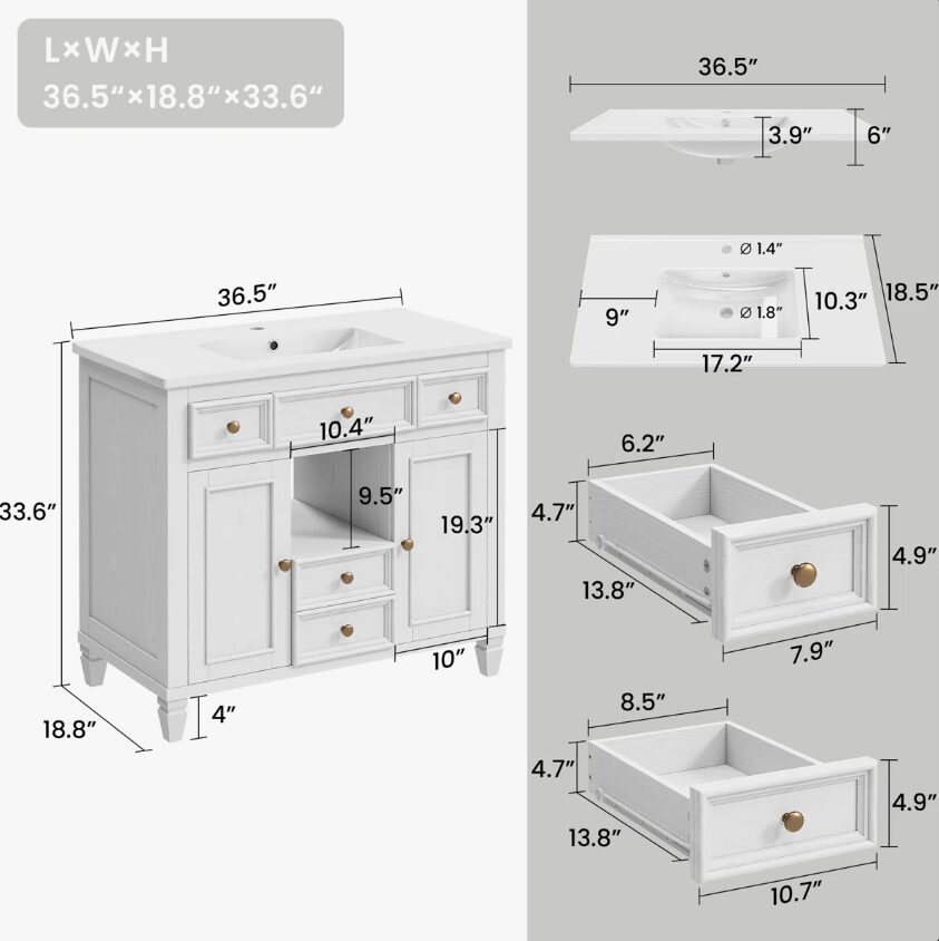 36" Traditional White Single Sink Vanity for Master & Guest Bathrooms
