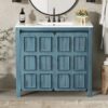 7 Rustic Distressed Blue Freestanding Vanity Cabinet with Double Storage Shelves