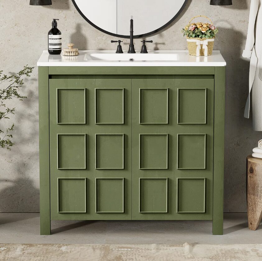 36" Olive Green Farmhouse Bathroom Vanity with White Undermount Sink