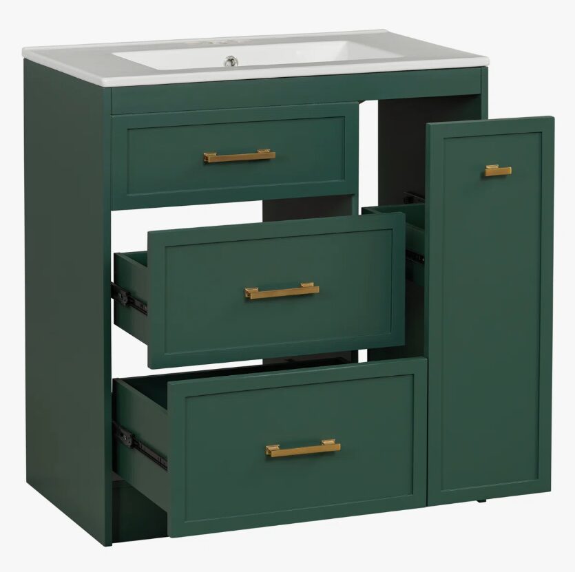 7 30" Dark Green Vanity with White Sink & Gold Hardware