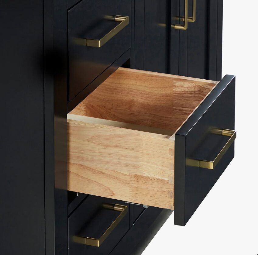 7 36 Inch Matte Black Single Sink Bathroom Vanity White Quartz Top Soft Close Drawers Brushed Gold Hardware