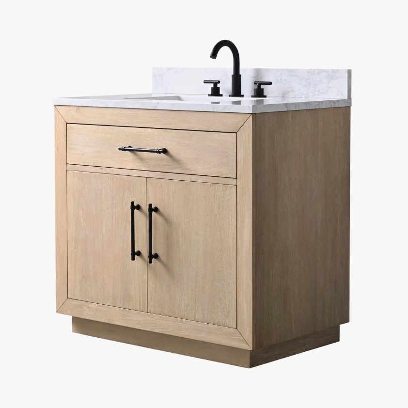 7 36 Inch Light Oak Single Sink Bathroom Vanity White Marble Countertop Soft Close Doors