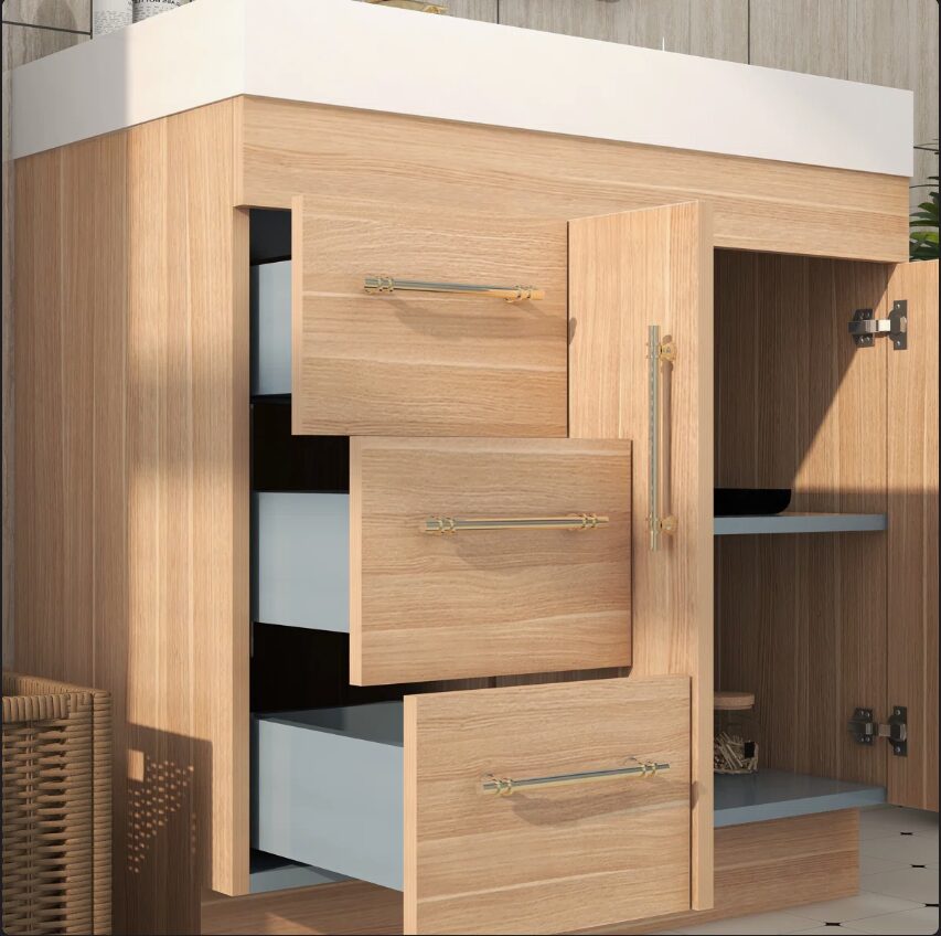 7 36 Inch Light Oak Single Sink Bathroom Vanity Integrated Solid Surface Top Soft Close Drawers & Doors