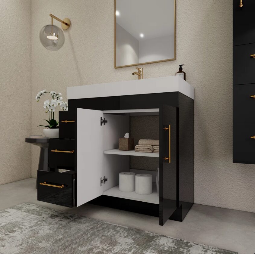 36 Inch High Gloss Black Single Sink Bathroom Vanity Solid Surface Top Soft Close Drawers Gold Hardware