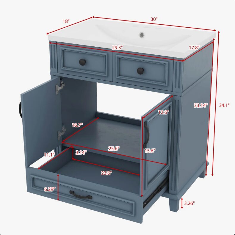7 Freestanding Traditional Blue Wood Bathroom Vanity with White Integrated Sink Top