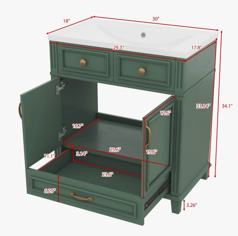 30 Inch Vintage Green Recessed Panel Single Sink Bathroom Vanity with Gold Hardware, 3 Storage Drawers & Double Doors