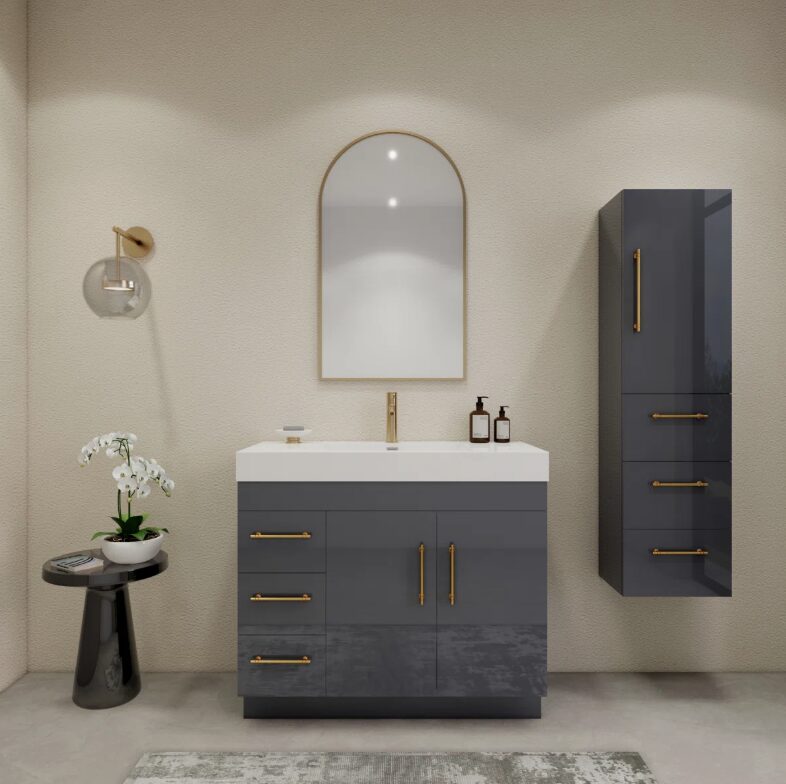 7 Modern High Gloss Gray Bathroom Vanity with Integrated White Solid Surface Sink Top