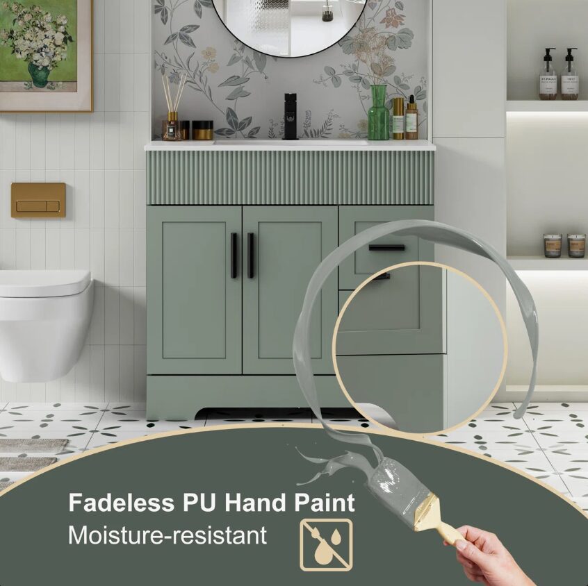 7 36" Sage Green Fluted Single Sink Bathroom Vanity Cabinet