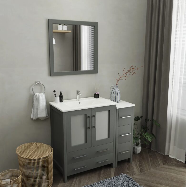 7 Freestanding Gray Vanity Combo with 5 Soft Close Drawers & Brushed Nickel Pull Handles