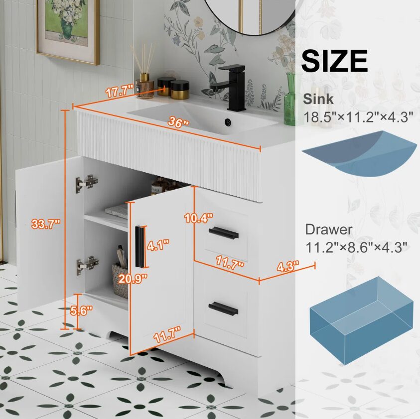 Modern White Bathroom Vanity with Soft Close Drawers & Doors