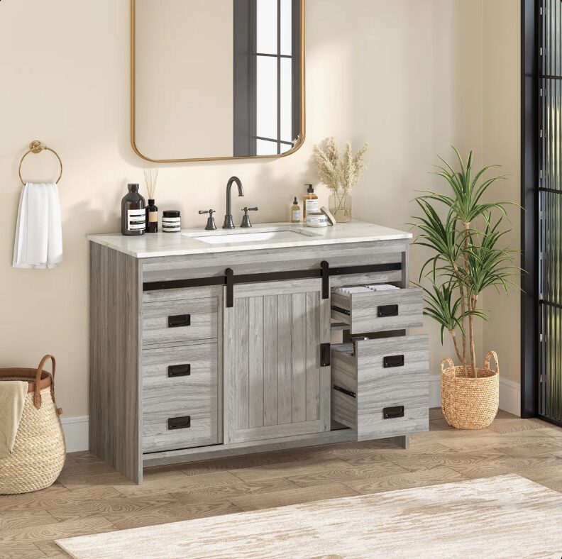 7 48" Grey Wood Farmhouse Bathroom Vanity with Single Sink Top for Master Bath Remodel