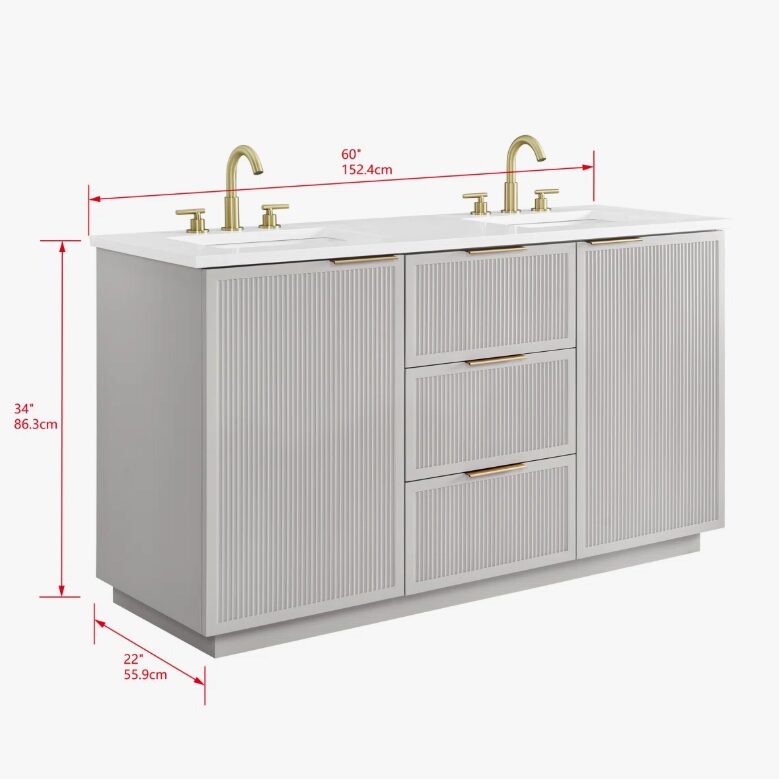 60 Inch Fluted Light Gray Double Undermount Sink Bathroom Vanity, White Quartz Countertop & Brushed Gold Hardware