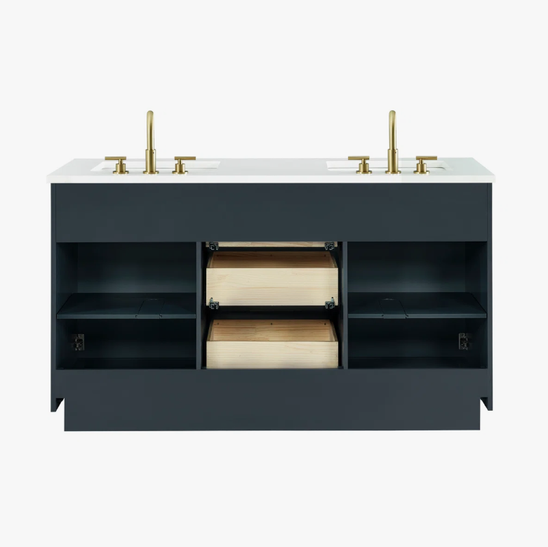 7 60 Inch Dark Navy Fluted Double Undermount Sink Bathroom Vanity, White Quartz Countertop & Brushed Gold Hardware