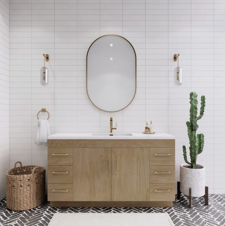 60 Inch Natural Oak Freestanding Single Undermount Sink Bathroom Vanity, White Quartz Top & Brushed Gold Hardware