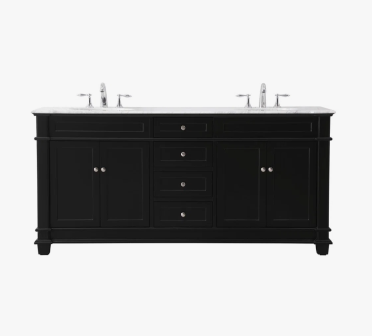 72 Inch Traditional Matte Black Double Sink Bathroom Vanity, Carrara Marble Countertop & Chrome Hardware