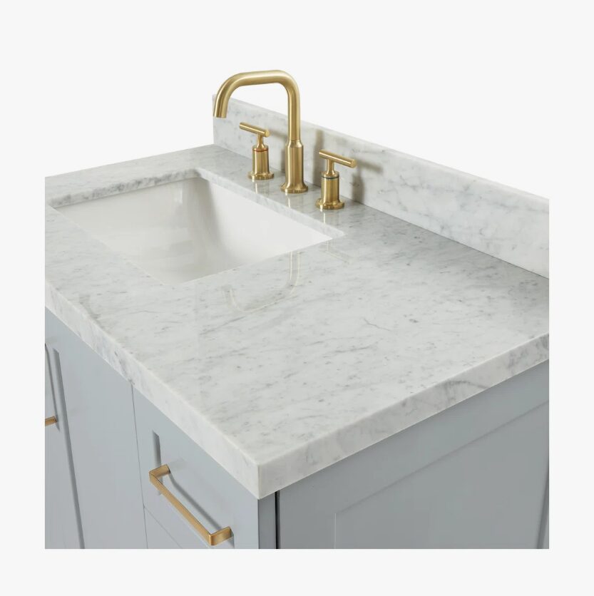 Transitional Light Gray Bathroom Vanity with Soft Close Doors, 4 Drawers & Brushed Gold Hardware