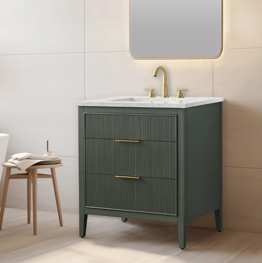 Farmhouse Dark Olive Fluted Vanity for Small Bathroom