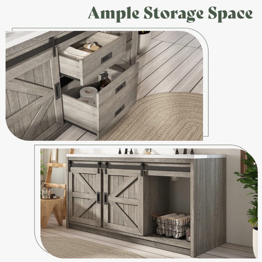8 Rustic Grey Wood Double Vanity Cabinet with Storage Drawers