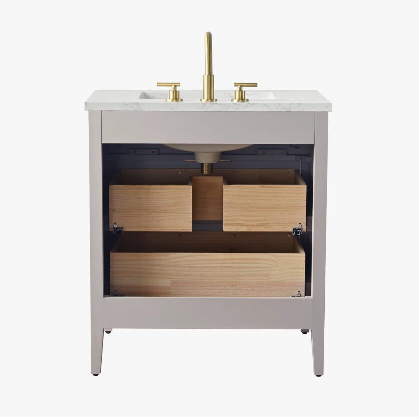 8 Soft Grey Reeded Bath Vanity with Brushed Gold Pull Handles