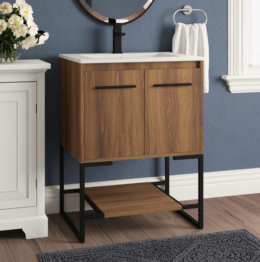 8 24 Inch Walnut Wood Industrial Freestanding Bathroom Vanity with Black Metal Frame