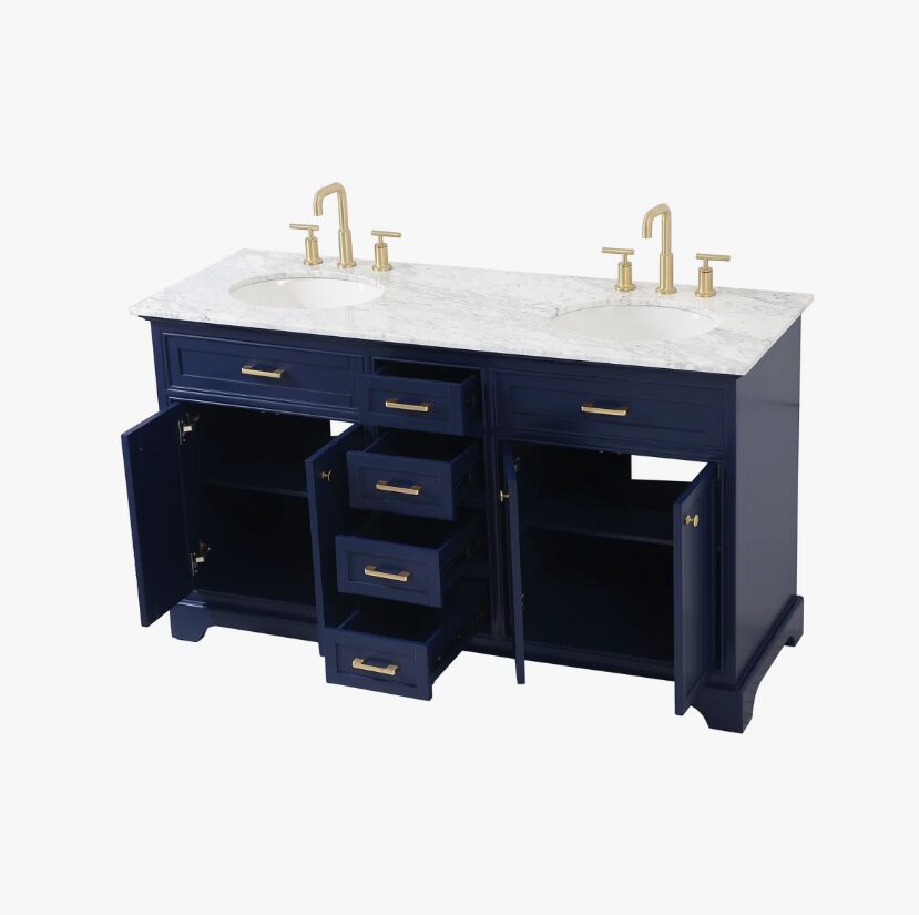 Transitional Navy Freestanding Double Sink Bathroom Vanity Cabinet