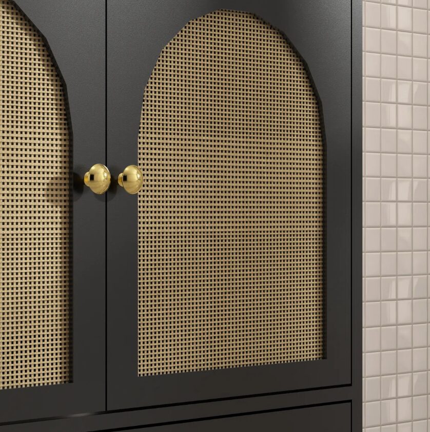 8 30 Inch Black Mid-Century Rattan Freestanding Single Sink Bathroom Vanity with Gold Knobs