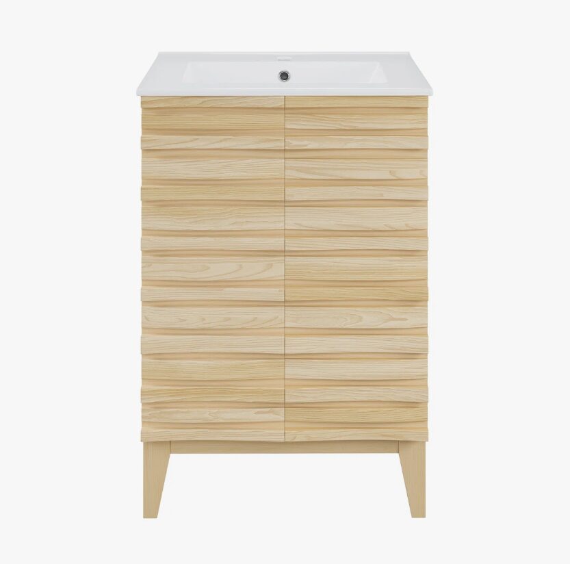 8 Handleless Slat Front Modern Light Wood Single Sink Vanity Cabinet