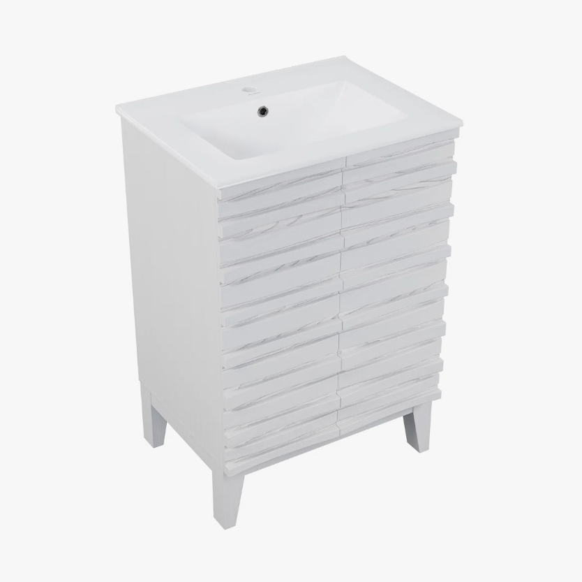 8 24 Inch White Cascade Slatted Mid-Century Freestanding Single Sink Bathroom Vanity