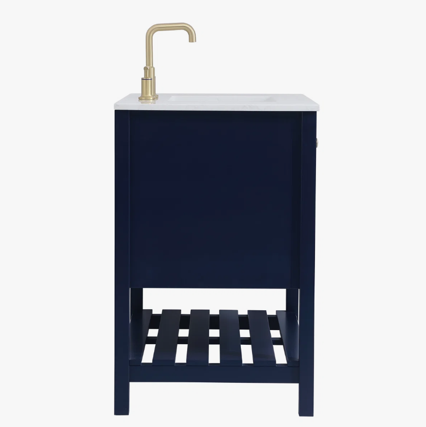 36 Inch Navy Blue Shaker Farmhouse Bathroom Vanity with Marble Top & Slatted Shelf