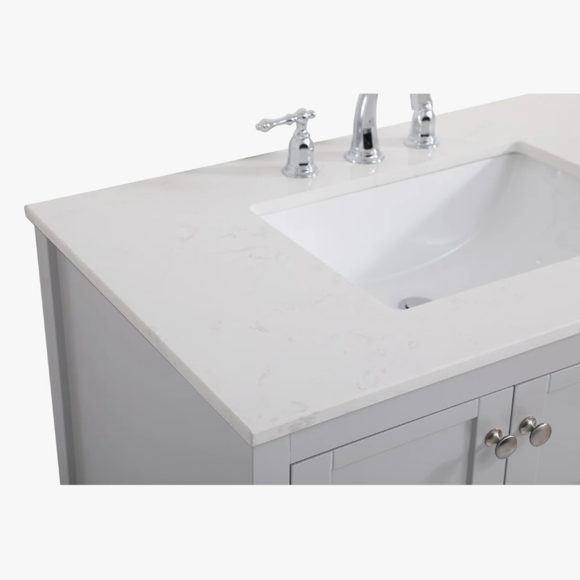 Gray Shaker Single Sink Vanity Cabinet with Silver Knobs & Open Bottom Storage