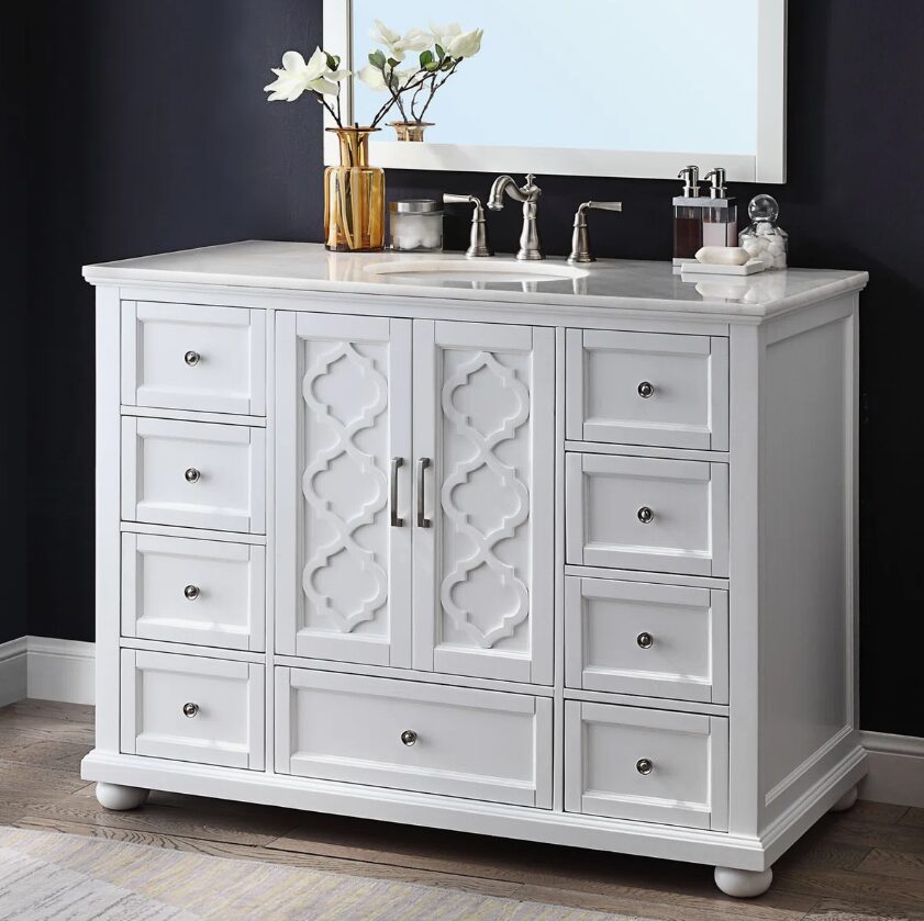 Freestanding White Single Sink Vanity with Decorative Cutout Cabinet Doors
