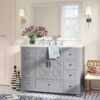 8 Transitional Gray Freestanding Single Sink Vanity with Decorative Cutout Cabinet Doors