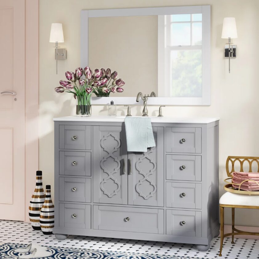 8 Transitional Gray Freestanding Single Sink Vanity with Decorative Cutout Cabinet Doors