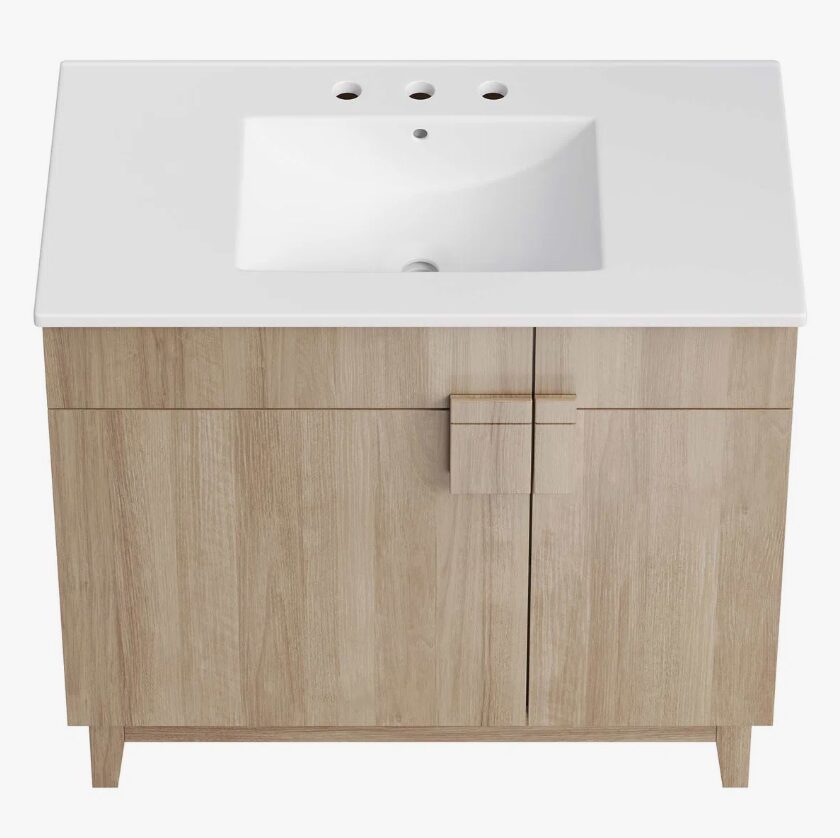 Minimalist Oak Single Sink Vanity Cabinet with 2 Doors & 2 Top Storage Drawers