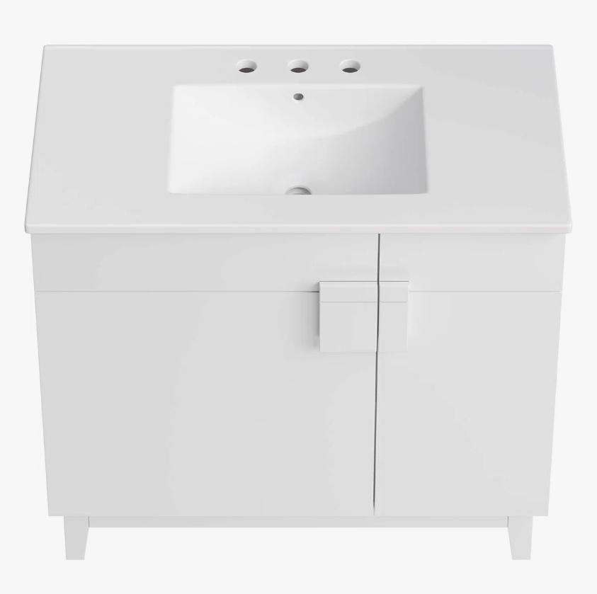 Minimalist White Single Sink Vanity Cabinet with 2 Doors & Dual Top Storage Drawers