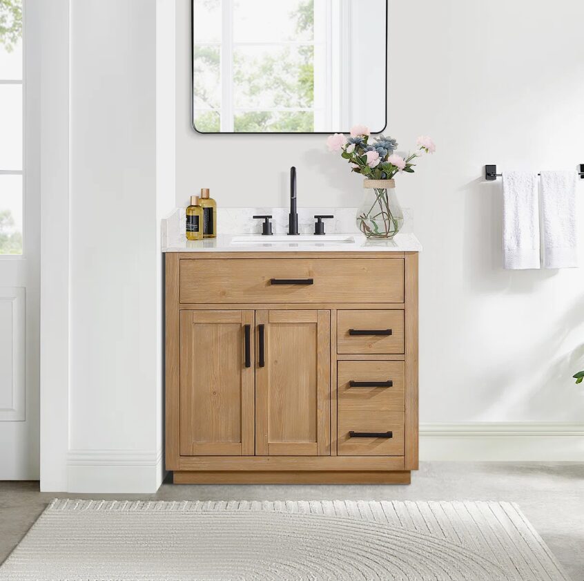 Natural Wood Single Sink Bathroom Vanity with Dovetail Drawers