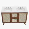 8 48 Inch Walnut Rattan Double Sink Mid-Century Bathroom Vanity with White Quartz Top