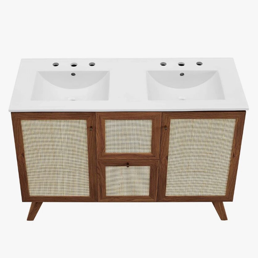 8 48 Inch Walnut Rattan Double Sink Mid-Century Bathroom Vanity with White Quartz Top