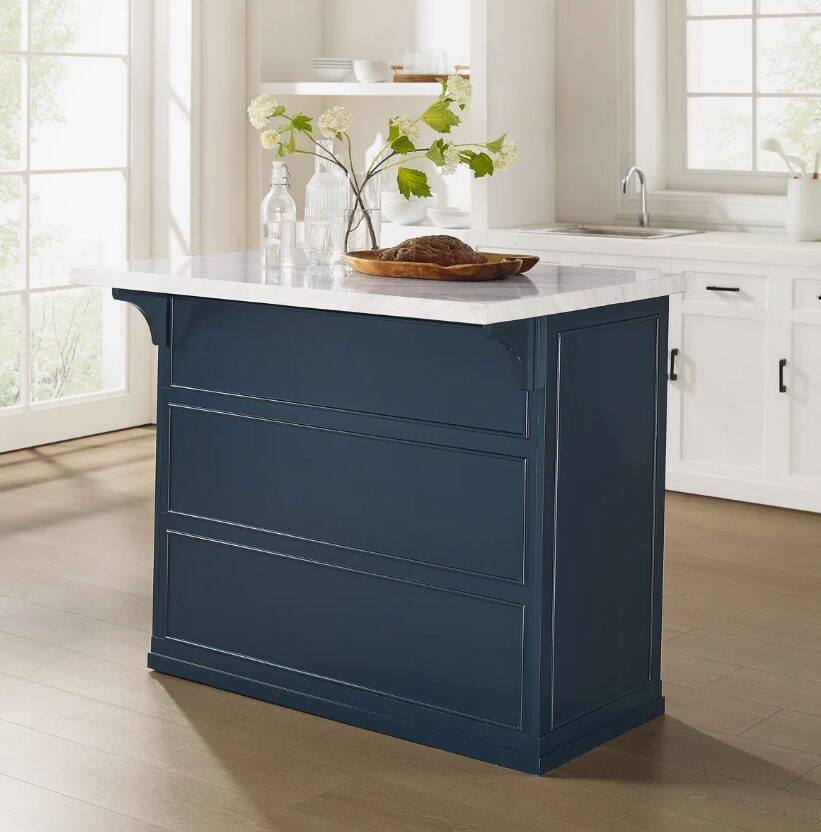 8 42 Inch Navy Blue Shaker Kitchen Island with Carrara Marble Countertop