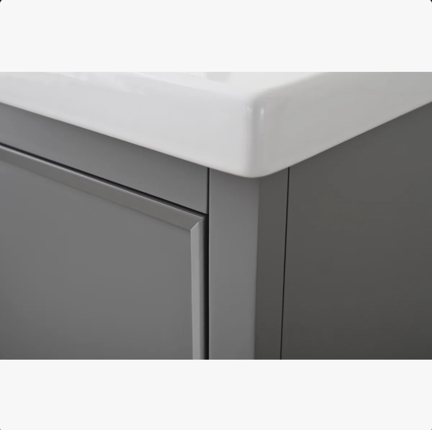8 30 Inch Grey Freestanding Bathroom Vanity with White Ceramic Sink & Open Storage Shelf