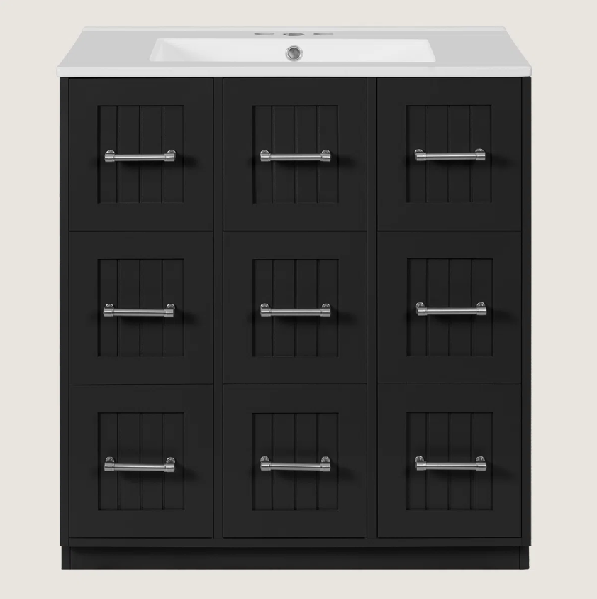30" Black Vanity with White Sink & 9 Storage Drawers