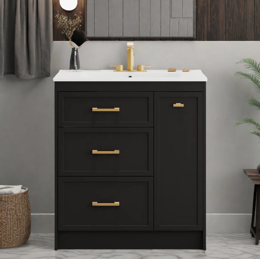 8 30" Black Vanity Cabinet with White Sink & Gold Hardware